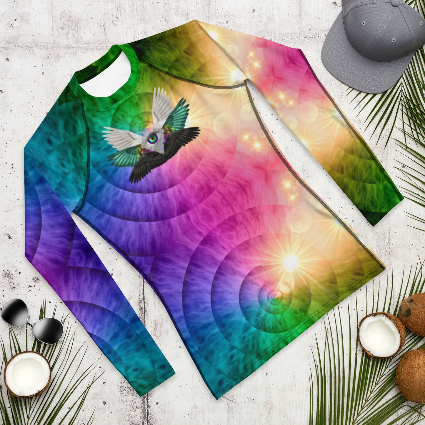 Seraphina Brand Shirt Six Winged Opal Diamond Sun ray eye Rainbow Iridescent White Black Wings Festival Wear