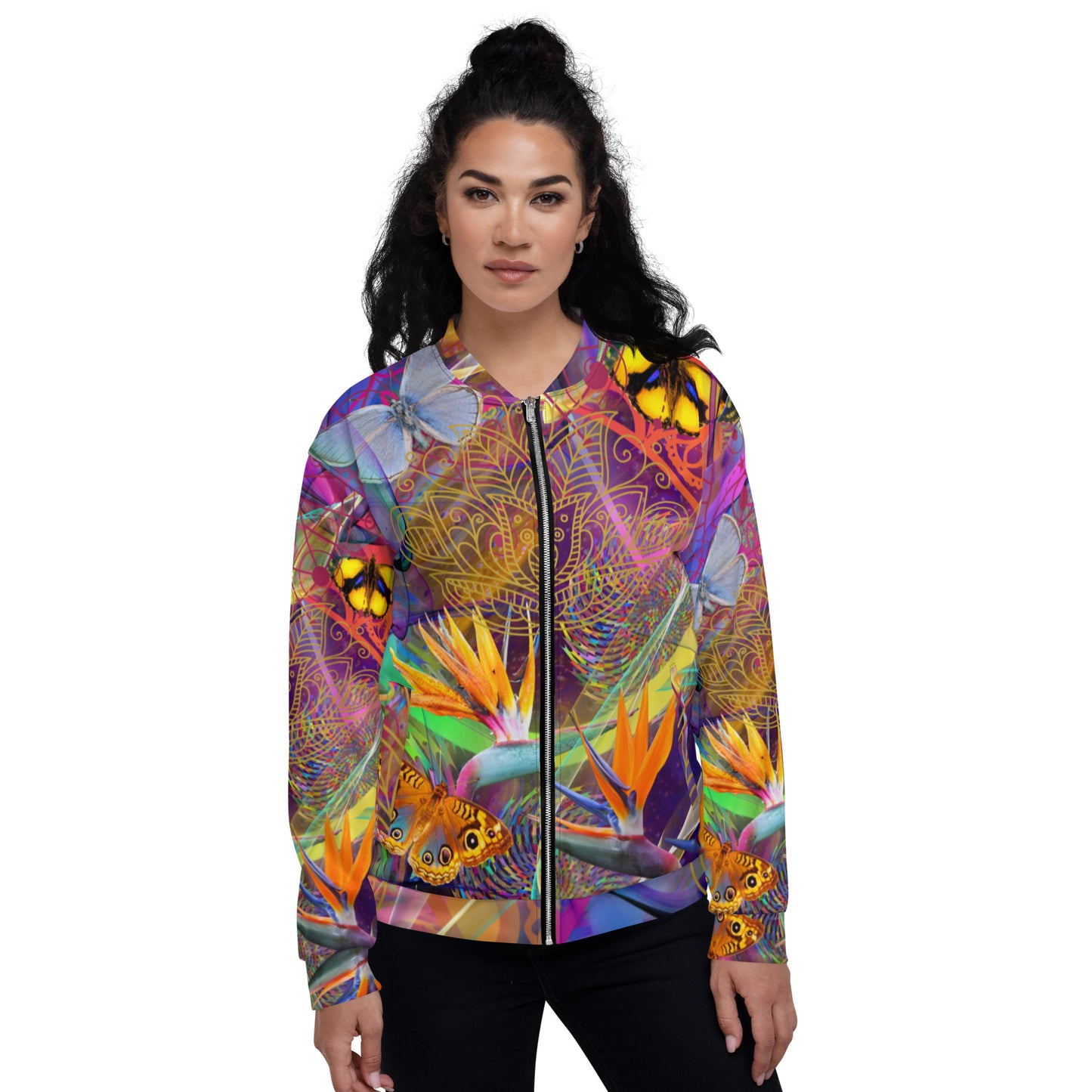 Neon Butterfly's in Paradise Cosmic Waves Psychedelic Dreamscape Festival Rave Hippie Unisex Bomber Jacket