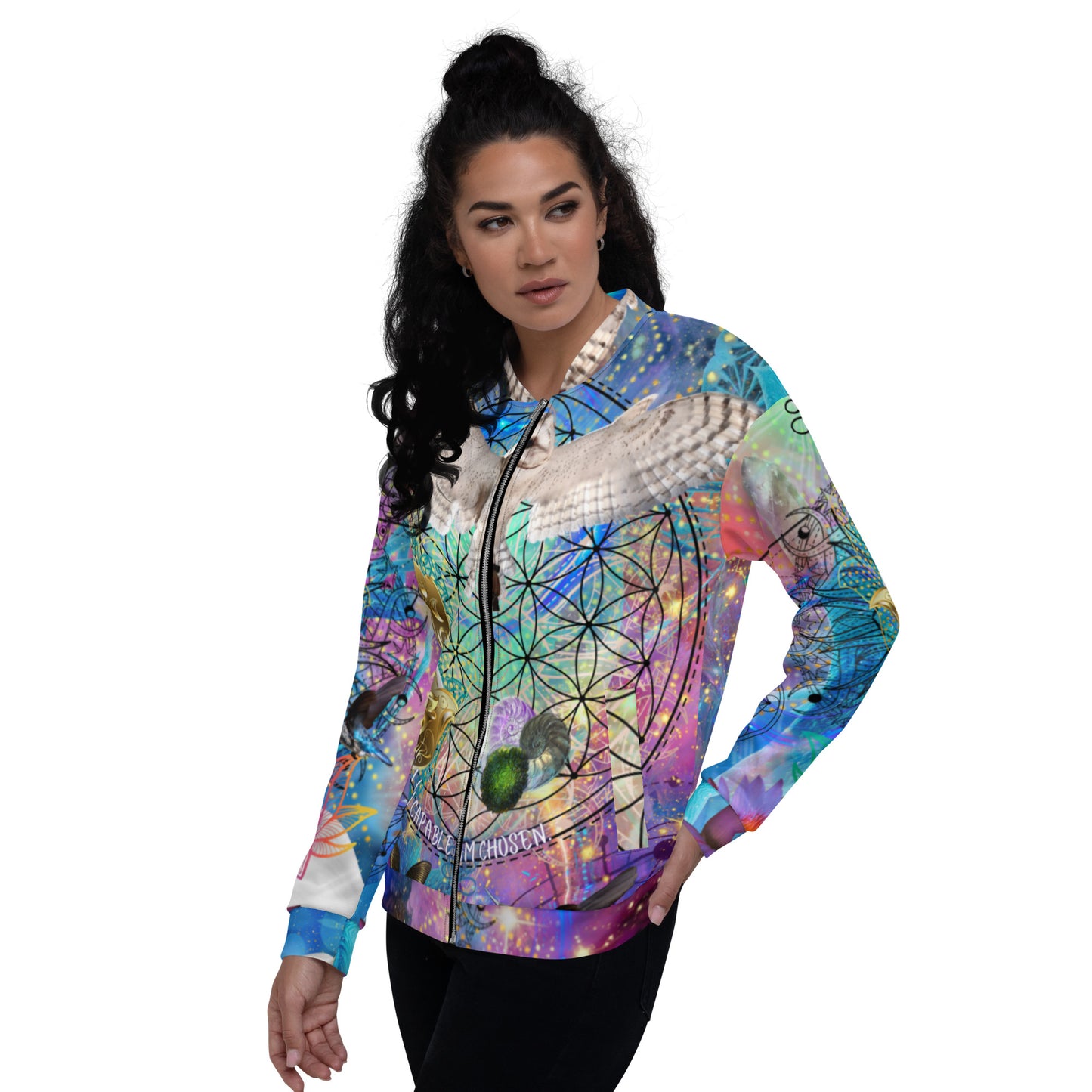 Enlightened Owl Hummingbird Calla Lily galaxy DNA Awakening Spiritual All-over Print Festival Rave Unisex Bomber Jacket
