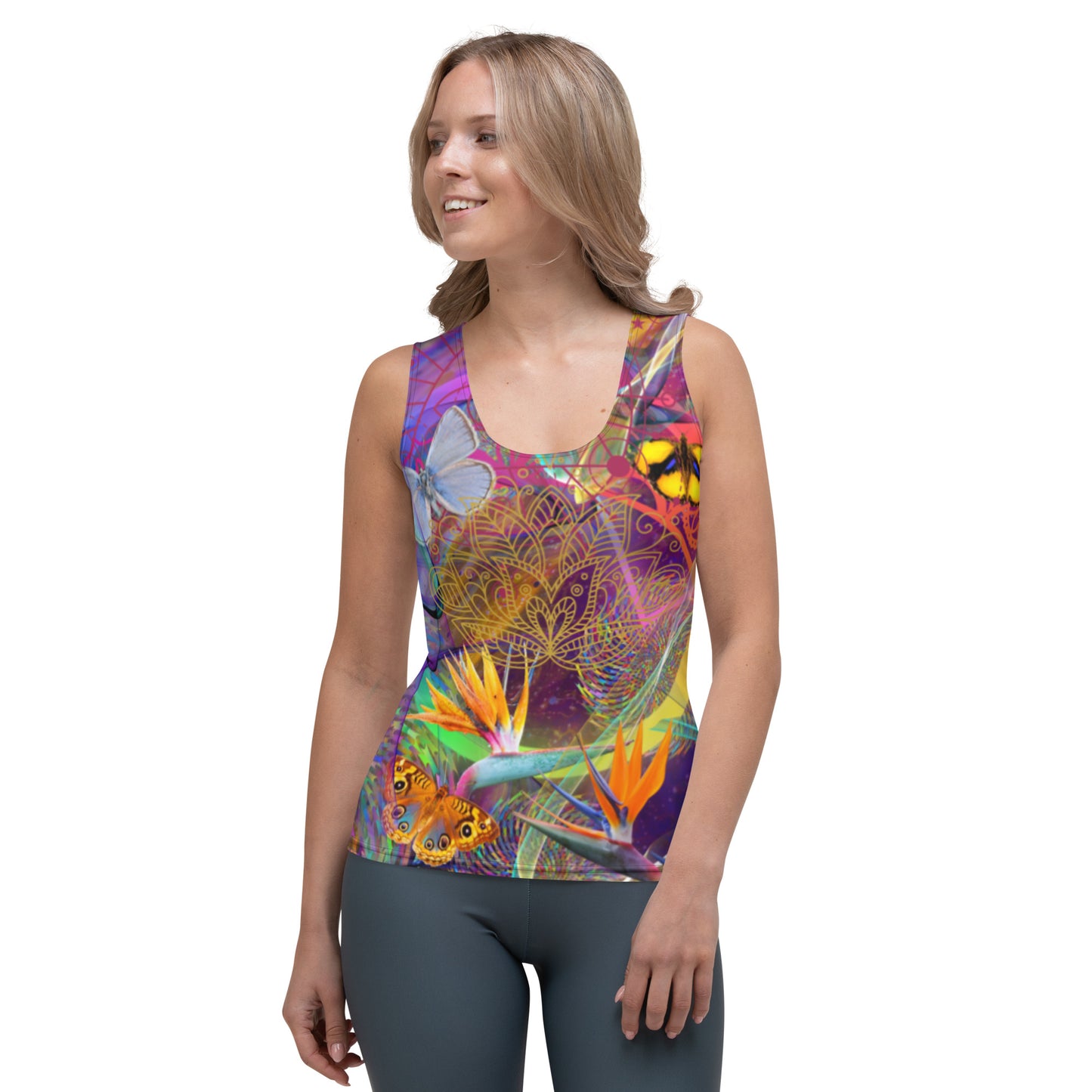 Neon Butterfly's in Paradise Cosmic Waves Psychedelic Dreamscape Festival Rave Hippie Tank Top