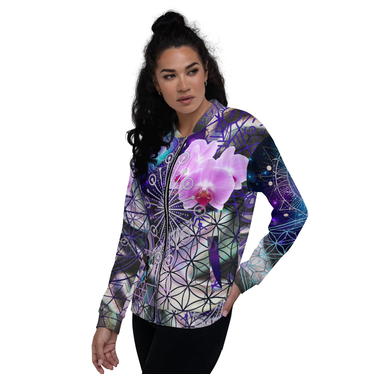 Hummingbird Orchid Abstract Print Psychedelic Festival Rave All Over Print UNISEX BOMBER JACKET