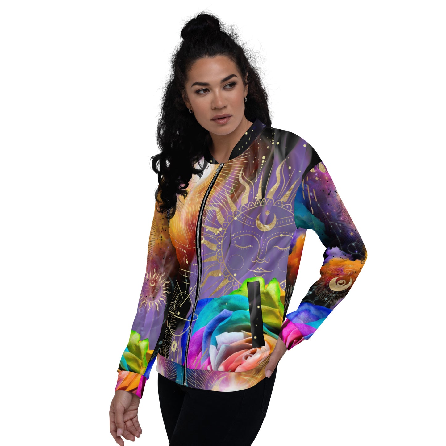 Rainbow Violet Flame Abstract Print Psychedelic Festival Rave All Over Print UNISEX BOMBMER JACKET