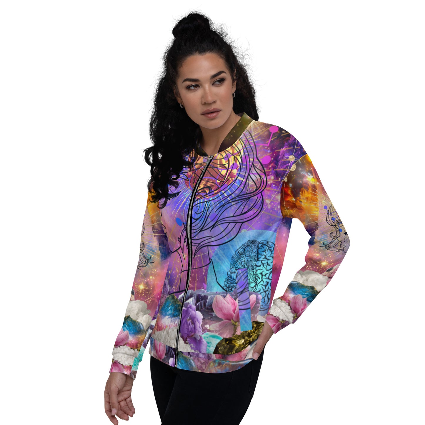 Galaxy Abstract Print Psychedelic Festival Clothing Rave Crystals Feminine Brain Female Empowerment All-over Print Unisex Bomber Jacket