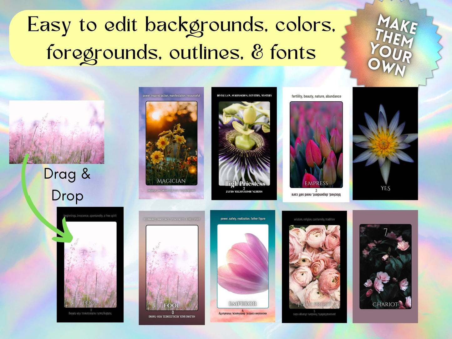 Tarot Deck Template for Canva, Tarot, Oracle, Divination Card Deck Template with Keywords and without Keywords, use with Canva