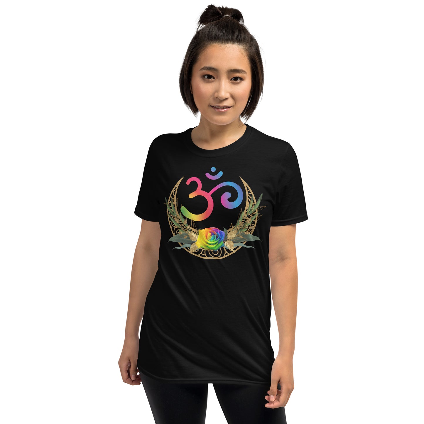 Graphic Print Tee - Ohm Rainbow Crescent Moon Rose - Short-Sleeve Unisex Classic Black Tee T-Shirt